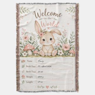 Adorable Baby Bunny Design with Birth Details Fiel Throw Blanket