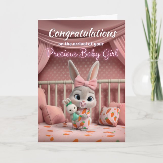 Adorable Baby Bunny in Pink Congrats New Baby Girl Card (Front)
