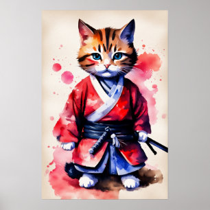 Adorable baby cat samurai watercolor art poster