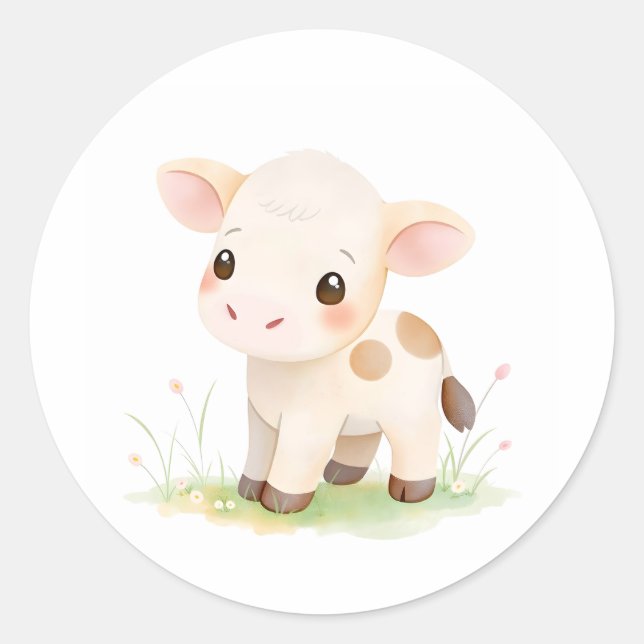 Adorable Baby Cow Calf Watercolor Print Sticker (Front)