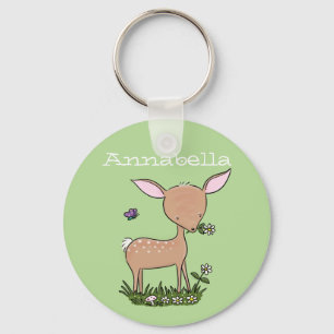 Adorable baby deer and flower cartoon illustration key ring