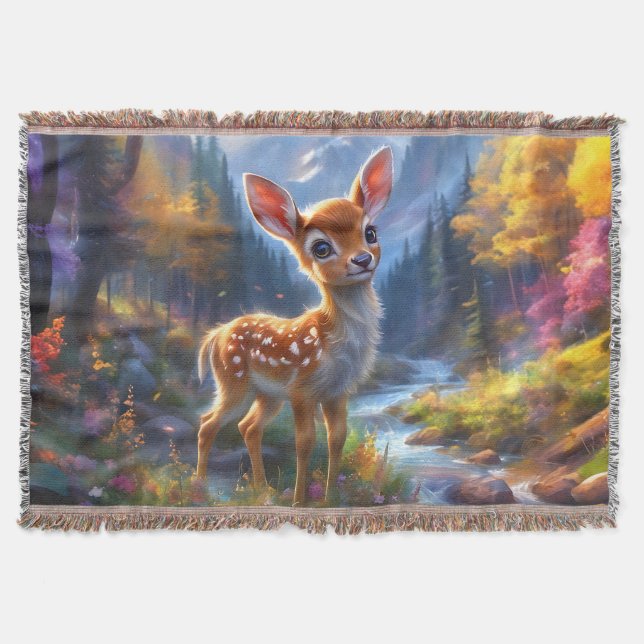 Adorable Baby Deer in an Enchanted Forest Throw Blanket (Front)
