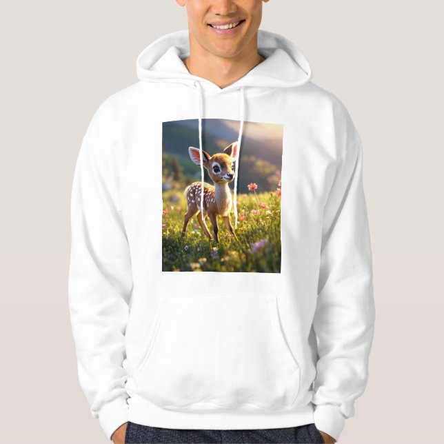 Adorable Baby Deer on Grassy Flower Hill. Hoodie (Front)