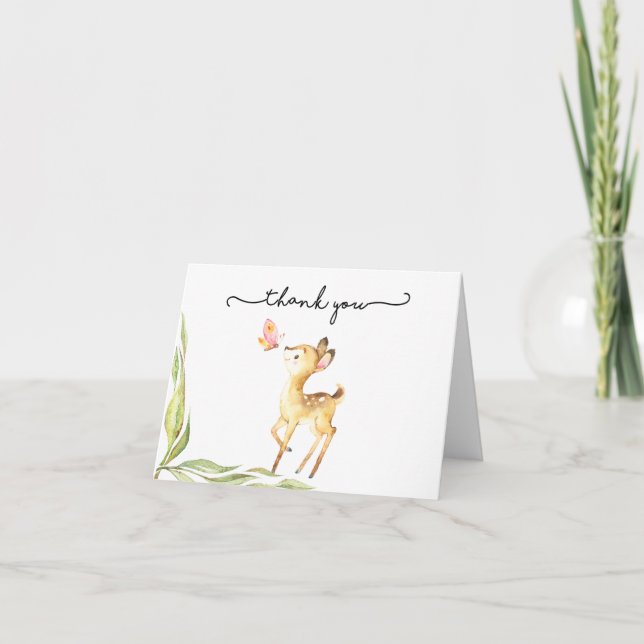 Adorable Baby Deer With Butterfly Baby Shower Thank You Card (Front)