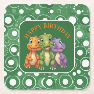 Adorable Baby Dinosaur's Party Square Paper Coaster
