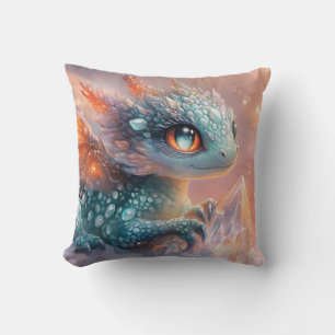 Adorable Baby Dragon with Crystal Gem: Fantasy Art Cushion