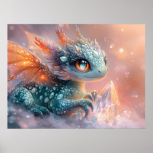 Adorable Baby Dragon with Crystal Gem: Fantasy Art Poster