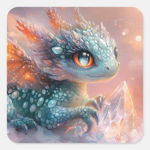 Adorable Baby Dragon with Crystal Gem: Fantasy Art Square Sticker