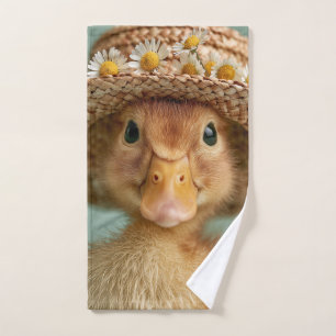 Adorable Baby Duck Wearing a Straw Hat Hand Towel