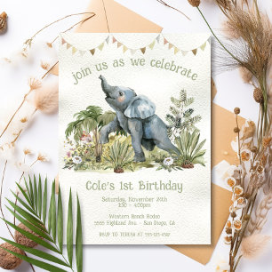 Adorable Baby Elephant 1st Birthday Party Invitation