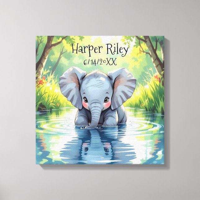 Adorable Baby Elephant and Reflection Personalised Canvas Print (Front)