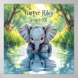 Adorable Baby Elephant and Reflection Personalized Poster