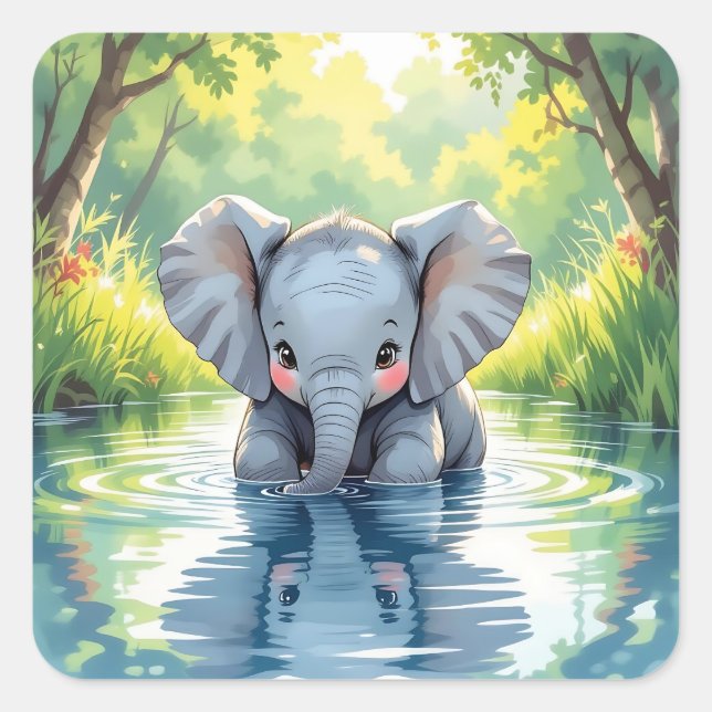 Adorable Baby Elephant and Reflection Square Sticker (Front)