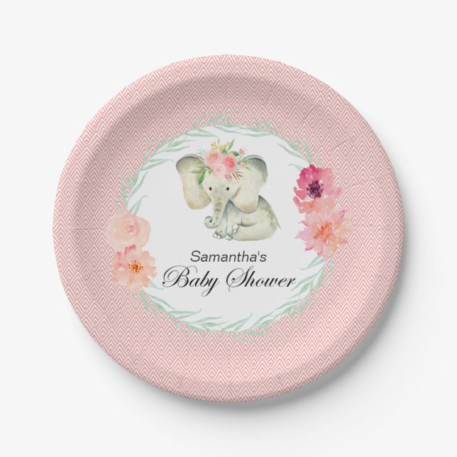 Adorable Baby Elephant Girl Baby Shower Paper Plate (Front)