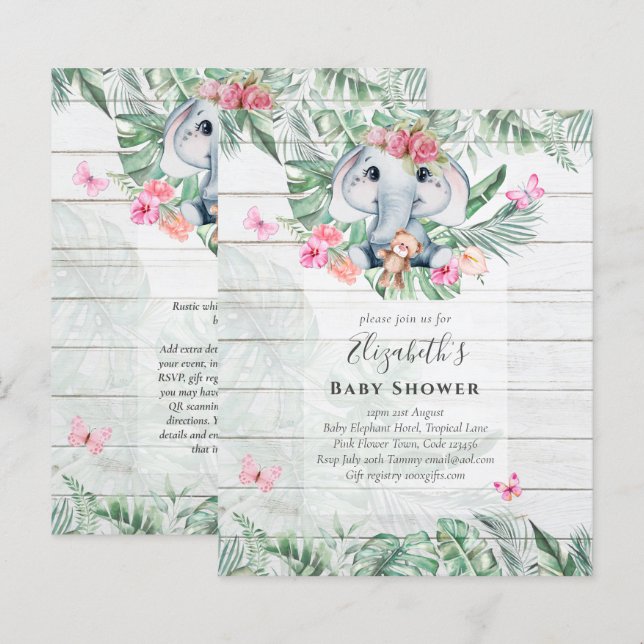 Adorable Baby Elephant Girls Baby Shower Invites (Front/Back)