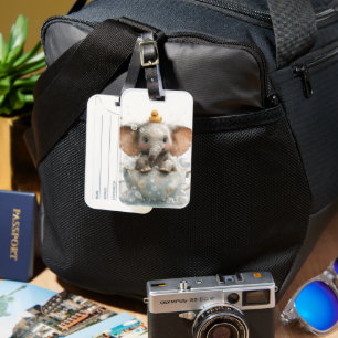 Adorable Baby Elephant in Teacup with Rubber Duck Luggage Tag