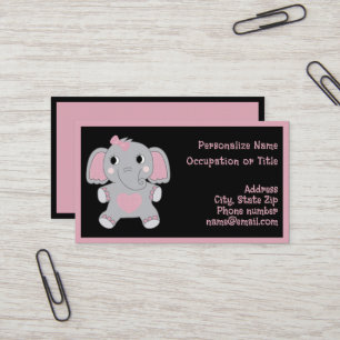 Adorable Baby Elephant Pink Black Child Focused Business Card