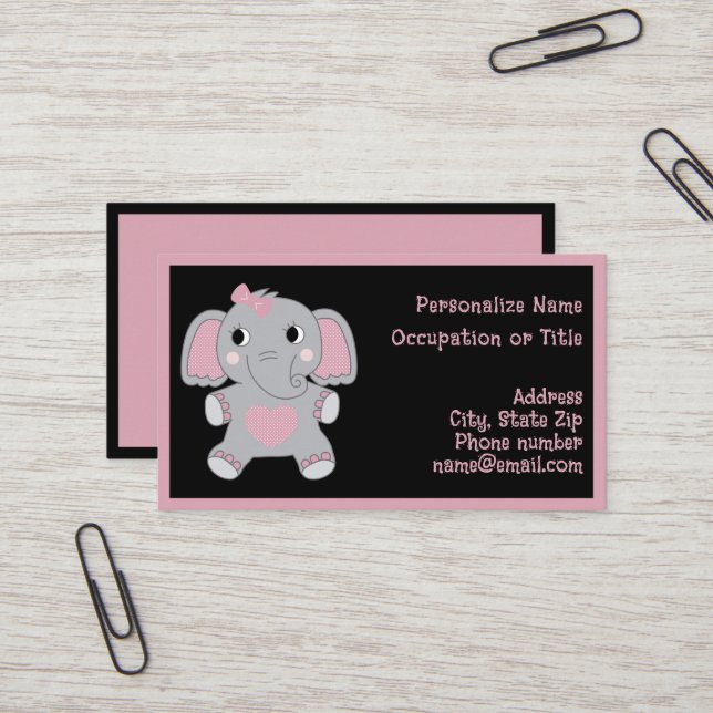 Adorable Baby Elephant Pink Black Child Focused  Business Card (Front/Back In Situ)