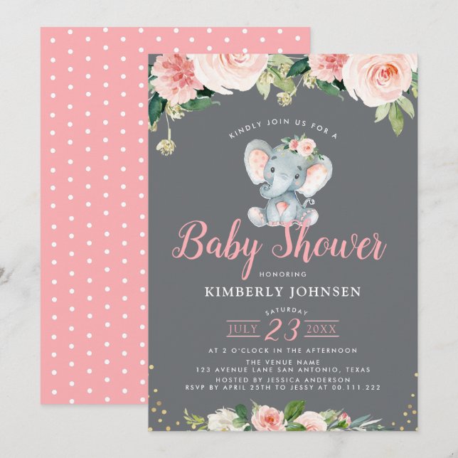 Adorable baby elephant pink floral baby shower invitation (Front/Back)