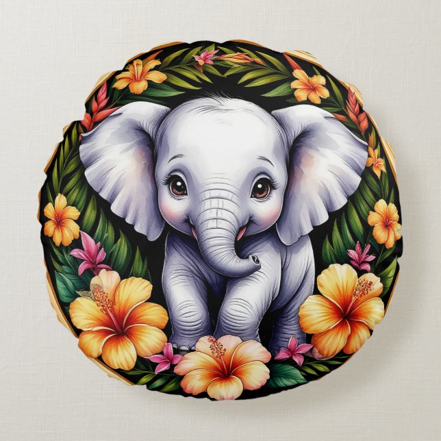 Adorable Baby Elephant Round Cushion (Front)