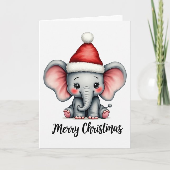 Adorable Baby Elephant Santa Hat Merry Christmas Card (Front)