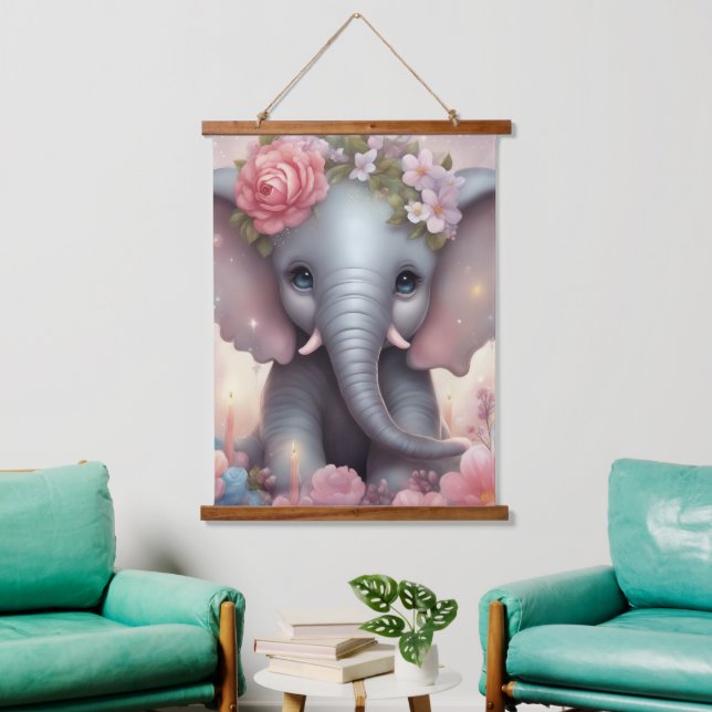 Adorable Baby Elephant with Flowers Hanging Tapestry (Living Room)