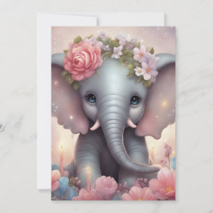 Adorable Baby Elephant with Flowers Holiday Card