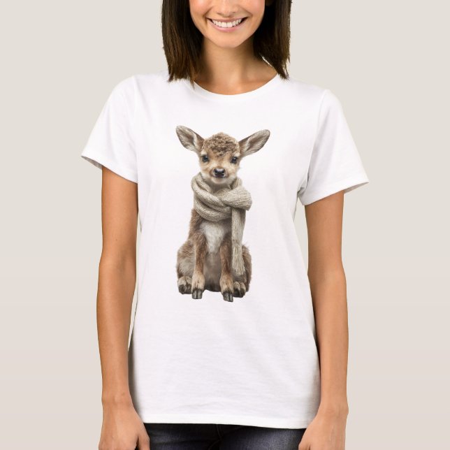 Adorable Baby Fawn with Knitted Scarf Illustration T-Shirt (Front)