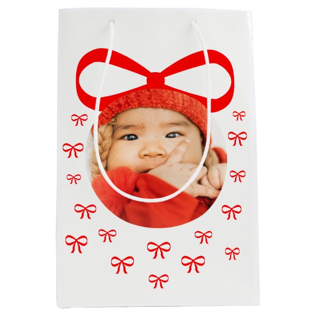 Adorable Baby First Christmas Photo with Red Bows Medium Gift Bag (Front)