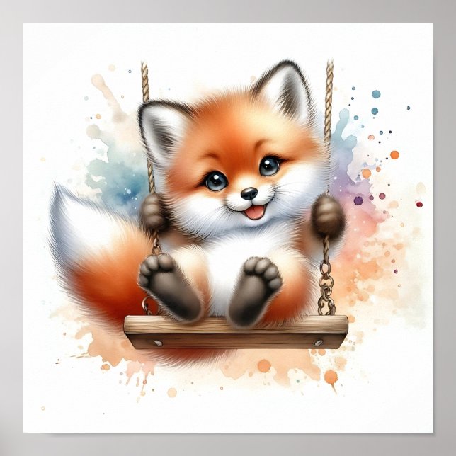Adorable Baby Fox on a Swing Watercolor Nursery Poster (Front)