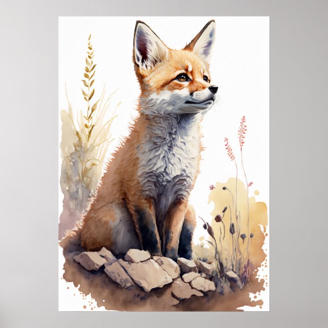 Adorable Baby Fox Watercolor Nursery Poster (Front)