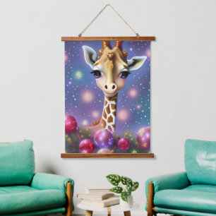 Adorable Baby Giraffe with Holly and Glitter Hanging Tapestry