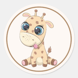 Adorable Baby Giraffe with Pink Ears, Paws, Tongue Classic Round Sticker