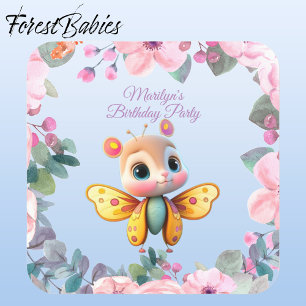 Adorable Baby Girl Butterfly Kid Birthday Party Square Paper Coaster