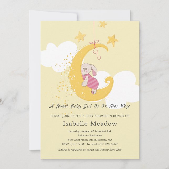 Adorable Baby Girl Rabbit Stars Moon Baby Shower Invitation (Front)