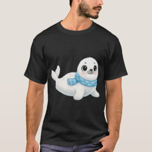 Adorable Baby Harp Seal Wearing a Blue Fish Patter T-Shirt