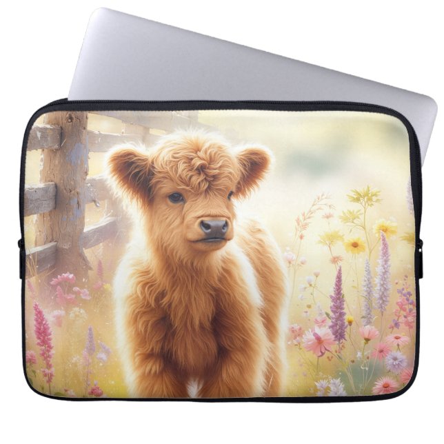 Adorable Baby Highland Cow In Flower Field Laptop Sleeve