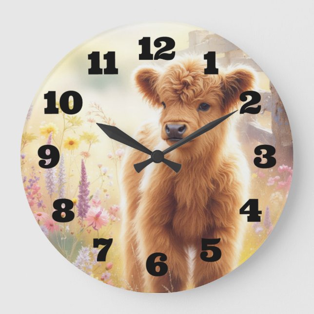 Adorable Baby Highland Cow In Flower Field Large Clock (Front)