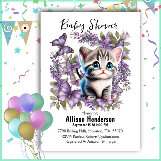 Adorable Baby Kitten And Butterflies Baby Shower  Invitation (Creator Uploaded)