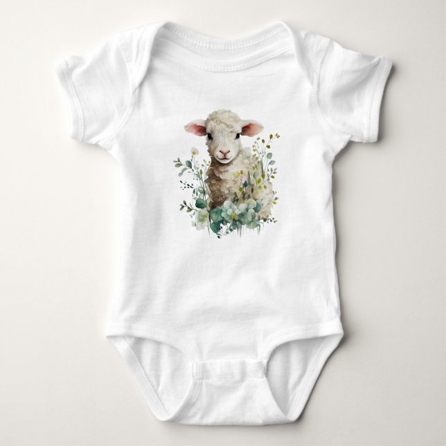 Adorable Baby Lamb with Flowers Baby Bodysuit (Front)