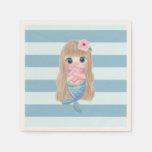 Adorable Baby Mermaid on Light Blue Stripes Napkin