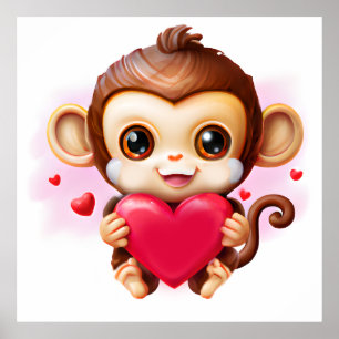 Adorable Baby Monkey Holding a Red Heart Poster