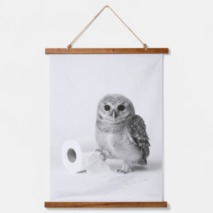 Adorable Baby Owl Holding Toilet Paper Minimalist Hanging Tapestry