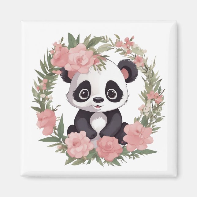 Adorable Baby Panda Bear with Flowers Magnet (Front)