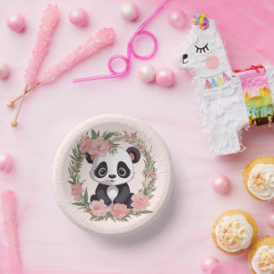 Adorable Baby Panda Bear with Flowers Paper Plate