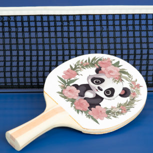 Adorable Baby Panda Bear with Flowers Ping Pong Paddle