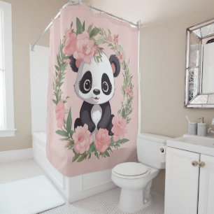 Adorable Baby Panda Bear with Flowers Shower Curtain