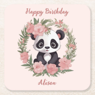 Adorable Baby Panda Bear with Flowers Square Paper Coaster