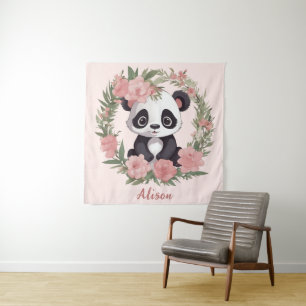 Adorable Baby Panda Bear with Flowers Tapestry