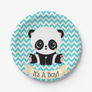 Adorable Baby Panda Blue Baby Shower Paper Plates